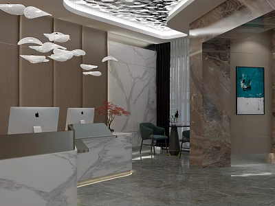 Modern Hotel Lobby Interior With Marble Reception Desk Decorative Ceiling Green Plants And Wall Art 3d model