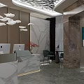 Modern Hotel Lobby Interior With Marble Reception Desk Decorative Ceiling Green Plants And Wall Art