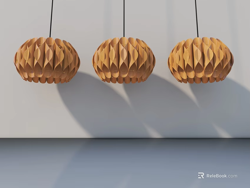Wooden Hinged Door Design With Round Pleated Pendant Lights On White Wall 3d model 