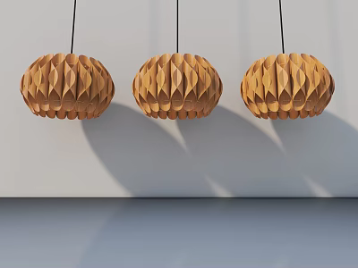 Wooden Hinged Door Design With Round Pleated Pendant Lights On White Wall 3d model