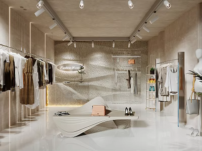 Modern Clothing Store Interior With Clothes on Racks Mannequins Curved Sofa White Flooring And Lighting 3d model