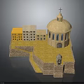 Historic Dome Building With Cross Yellow White Adjacent Buildings Stone Platform Wall And Small Tower