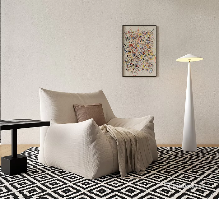 Soft White Bean Bag Chair In Living Room With Wall Art Lamp And Patterned Rug 3d model 