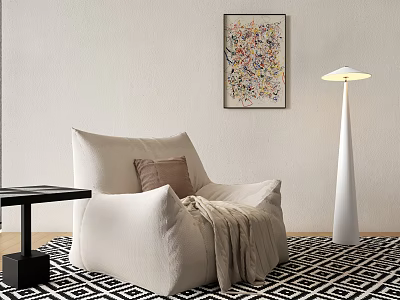 Soft White Bean Bag Chair In Living Room With Wall Art Lamp And Patterned Rug 3d model