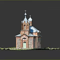 Ancient Church With Two Domes Red Brick Walls Blue Roof Green Grass And Stone Fence
