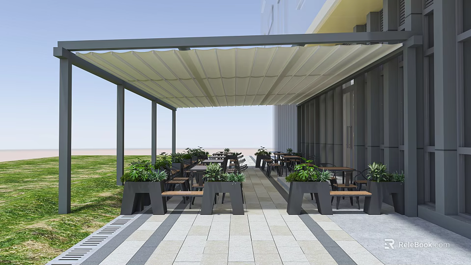 Outdoor Leisure Area With Canopy Tables Chairs Green Plants Paved Floor And Grass 3d model 