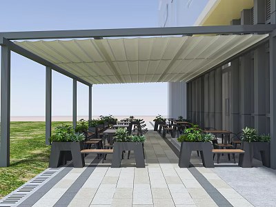 Outdoor Leisure Area With Canopy Tables Chairs Green Plants Paved Floor And Grass 3d model