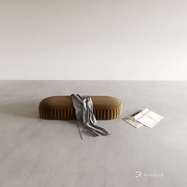 Brown Sofa Bench With Black And White Checkered Scarf Next To Magazines On Floor 3d model 
