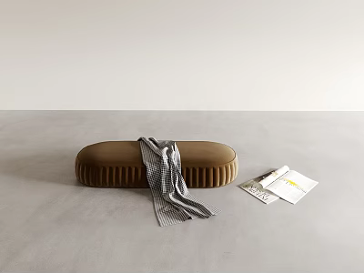 Brown Sofa Bench With Black And White Checkered Scarf Next To Magazines On Floor 3d model