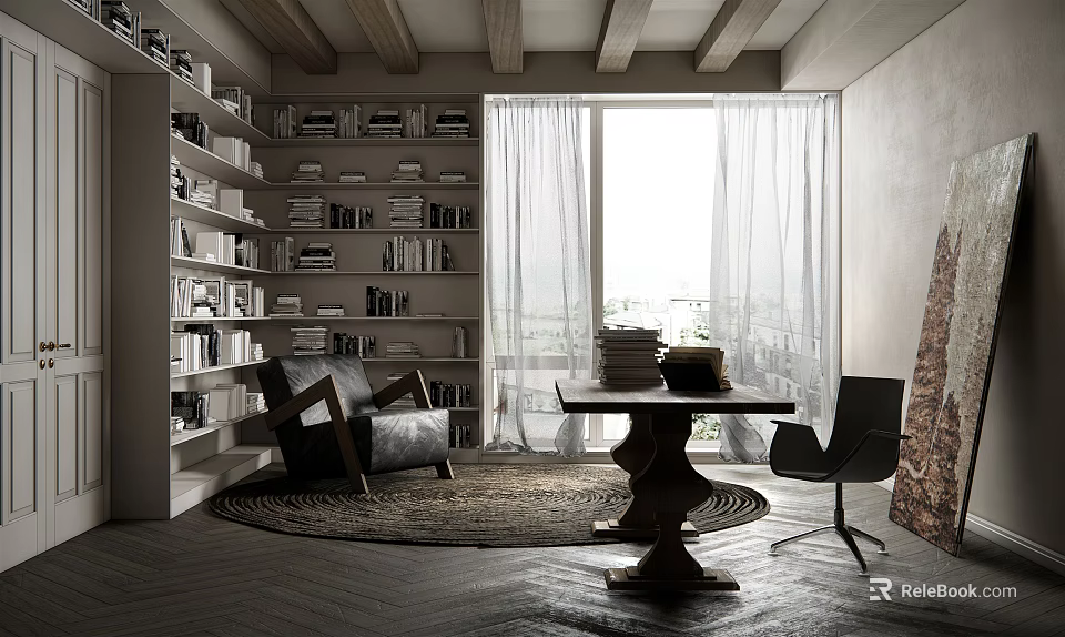 Cozy Study Room With Built In Bookshelves Wooden Desk Round Rug And Sheer Curtains 3d model 