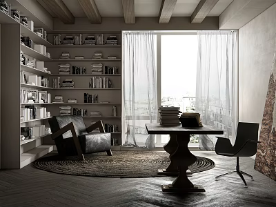 Cozy Study Room With Built In Bookshelves Wooden Desk Round Rug And Sheer Curtains 3d model