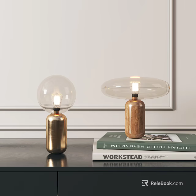 Modern Table Lamps With Gold And Wooden Bases Transparent Globe Oval Shades On Workstead Book 3d model 