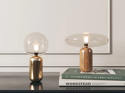 Modern Table Lamps With Gold And Wooden Bases Transparent Globe Oval Shades On Workstead Book 3d model