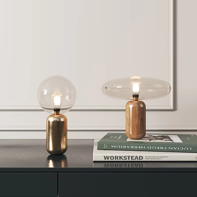Modern Table Lamps With Gold And Wooden Bases Transparent Globe Oval Shades On Workstead Book 3d model