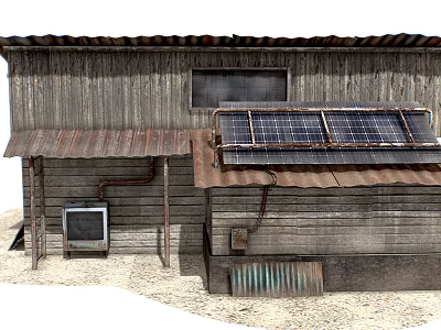 Weathered Old Wooden House With Solar Panels On Roof And Old TV Beside 3d model