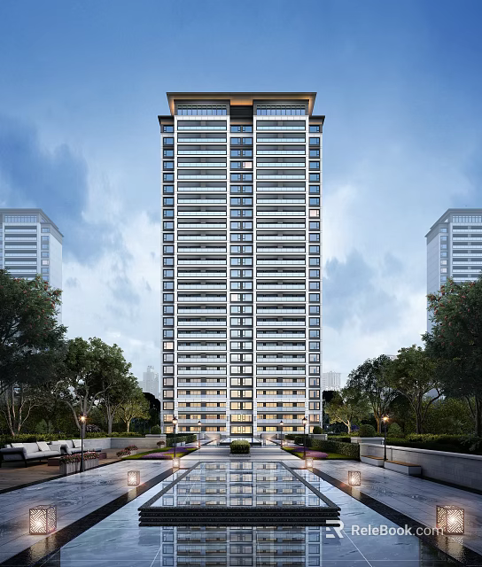 Modern High Rise Residential Building With Green Landscaping And Surrounding Trees 3d model 