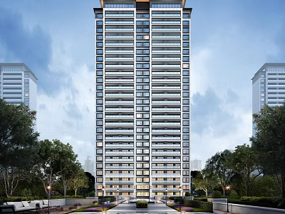 Modern High Rise Residential Building With Green Landscaping And Surrounding Trees 3d model