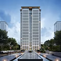 Modern High Rise Residential Building With Green Landscaping And Surrounding Trees