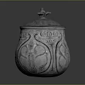 Silver Decorative Storage Jar With Ornate Carved Patterns And Bird Shaped Lid Handle