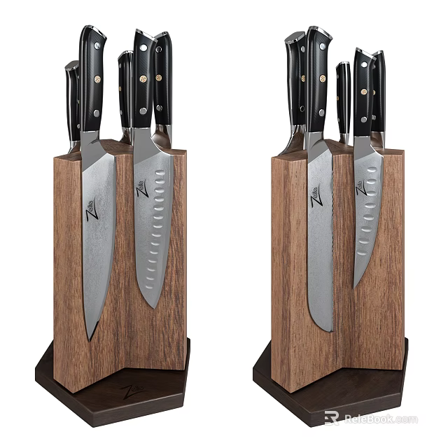 Double Wooden Knife Block Set With Sharp Stainless Steel Kitchen Knives 3d model 