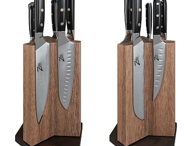 Double Wooden Knife Block Set With Sharp Stainless Steel Kitchen Knives 3d model