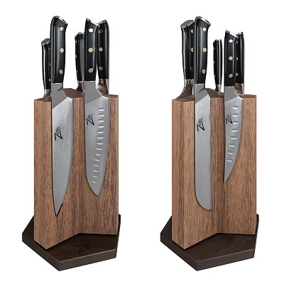 Double Wooden Knife Block Set With Sharp Stainless Steel Kitchen Knives 3d model