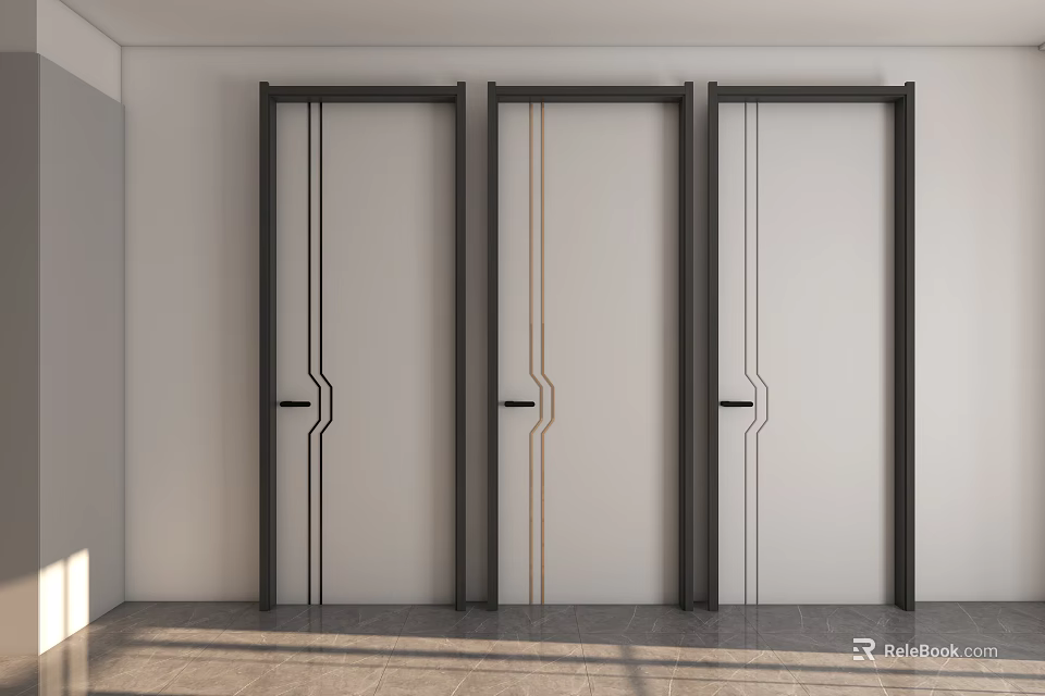 Modern Hinged Doors With White Panels Black Gold Lines And Black Frames In Interior 3d model 