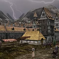 Cartoon Medieval Town Scene With Pointed Roof Houses Mountain Background Autumn Trees Horses And Pedestrians