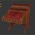 Traditional Wooden Desk With Red Top Surface And Layered Drawer Design