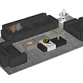 Modern Black Leather Sofa and Coffee Table Set with Decorative Items on Area Rug 3d model