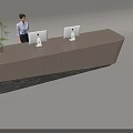 Modern Reception Desk Interior With Receptionist Computers Green Plant Wooden Design And Marble Base
