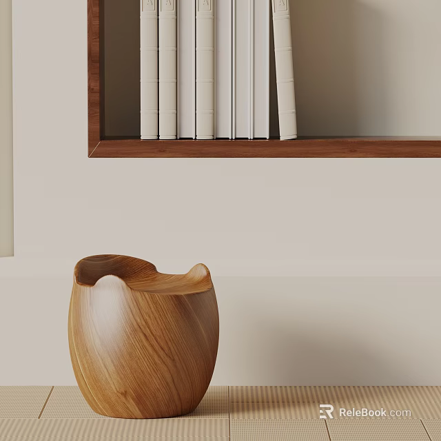 Natural Wooden Side Table With Unique Curved Design And Wooden Shelf With Books 3d model 