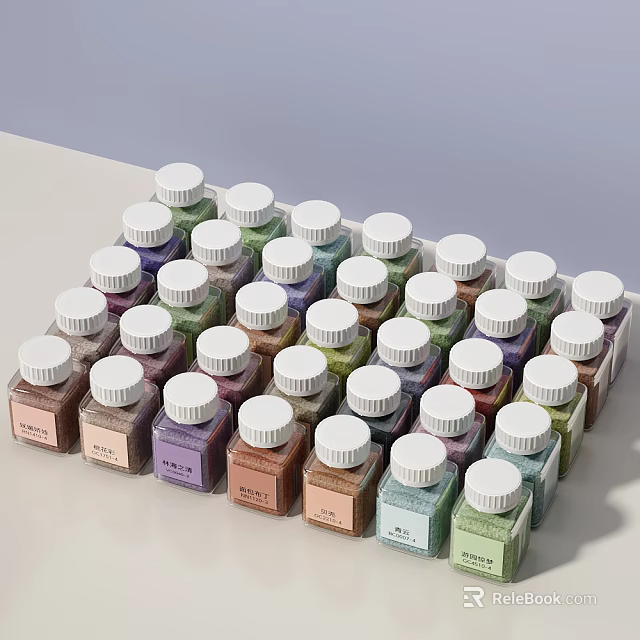 Decorative Ornament Set Featuring Small Bottles with White Caps and Various Colored Powders Neatly Arranged 3d model 