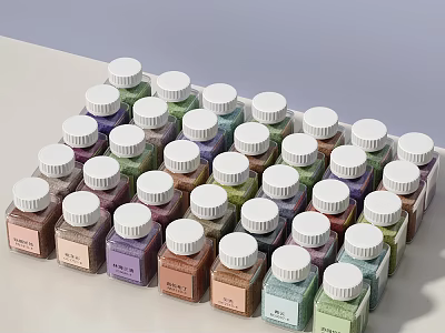Decorative Ornament Set Featuring Small Bottles with White Caps and Various Colored Powders Neatly Arranged 3d model