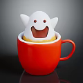Cute White Smiling Ghost In Red Cup With Happy Face And Yellow Drink