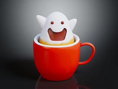 Cute White Smiling Ghost In Red Cup With Happy Face And Yellow Drink 3d model