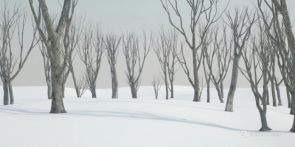 Leafless Trees In Snowy Winter Landscape With Bare Branches And Snow Covered Ground 3d model 