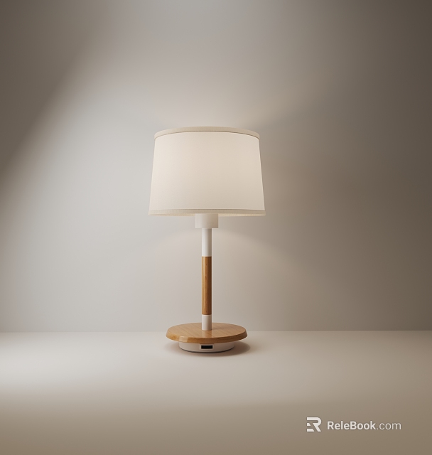 Modern Table Lamp With White Fabric Lampshade Wooden Stem And Round Base 3d model 