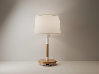 Modern Table Lamp With White Fabric Lampshade Wooden Stem And Round Base 3d model