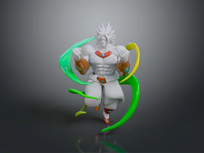 White Haired Character In Dynamic Pose With Green And Yellow Energy Creatures 3d model