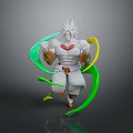 White Haired Character In Dynamic Pose With Green And Yellow Energy Creatures
