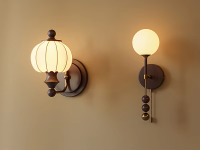 Two Elegant Wall Lamps With Fabric Globe Shades And Dark Metal Bases On Beige Wall 3d model