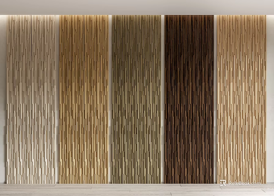Assorted Natural Wood Wall Panels Featuring Vertical Stripe Textures In Multiple Tones 3d model 