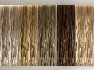 Assorted Natural Wood Wall Panels Featuring Vertical Stripe Textures In Multiple Tones 3d model