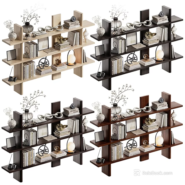 Stylish Decorative Cabinets With Books Photo Frames Vases And Candle Holders 3d model 