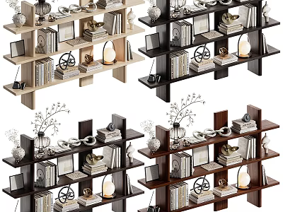 Stylish Decorative Cabinets With Books Photo Frames Vases And Candle Holders 3d model