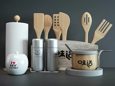 Wooden Kitchen Utensils With Metal Spice Jars Paper Towel Holder And Storage Pot 3d model