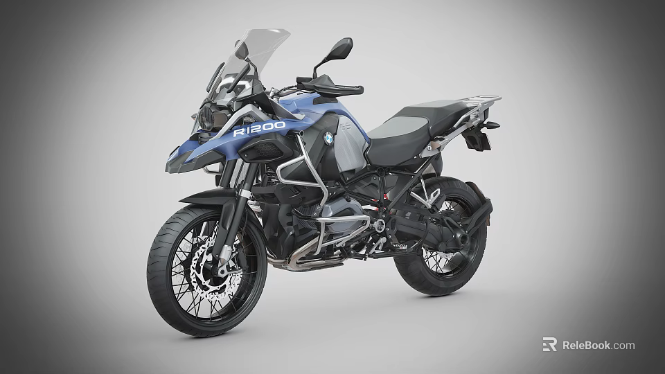 Blue BMW Adventure Touring Motorcycle With Windshield Black Seat And Luggage Rack 3d model 