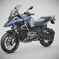 Blue BMW Adventure Touring Motorcycle With Windshield Black Seat And Luggage Rack