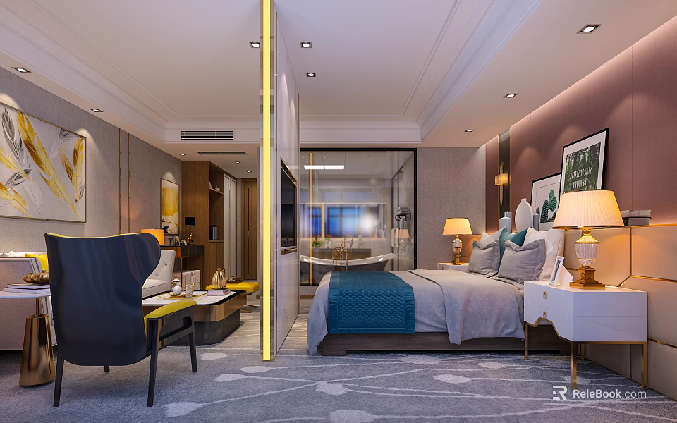 Modern Hotel Guest Room With Comfortable Bed Nightstand Table Lamp Accent Chair And Writing Desk 3d model 